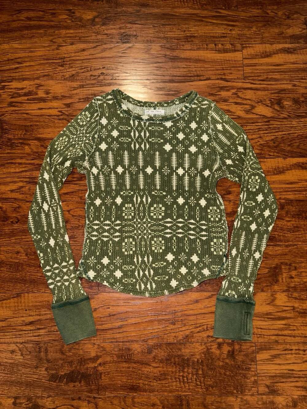 We The Free Thermal Top Size Extra Large Green White Printed Waffle Knit